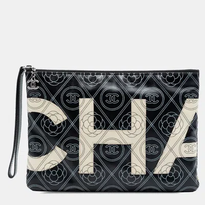 Pre-owned Chanel Black Coated Canvas Camellia Logo Wristlet Clutch