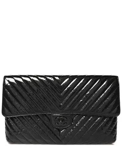 Pre-owned Chanel Black Coated Canvas Metallic Crumpled Patent Chevron Quilted Flap  (authentic Pre-loved)