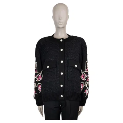 Pre-owned Chanel Black Cotton 22a Florence Pearl & Sequin Tweed Bomber Jacket 34 Xs
