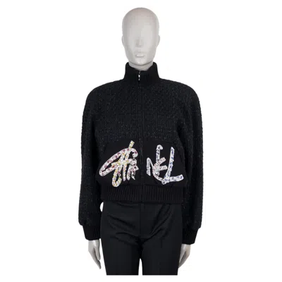 Pre-owned Chanel Black Cotton 22s Florence Beaded Logo Tweed Bomber Jacket 36 Xs
