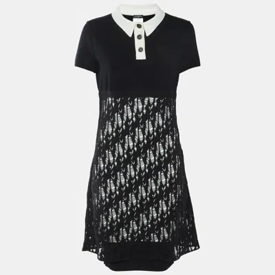 Pre-owned Chanel Black Cotton Distressed Knit Overlay Polo Dress M