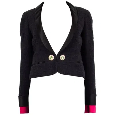 Pre-owned Chanel Black Cotton Satin Lapel Cropped Tweed Blazer Jacket 36 Xs