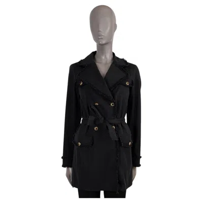 Pre-owned Chanel Black Cotton Silk 2010 10p Tweed Trim Trench Coat Jacket 36 Xs