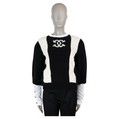 Pre-owned Chanel Black Cream Cashmere 21a Chateau Des Dames Cable Knit Sweater 36 Xs In White
