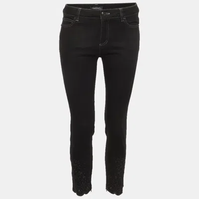 Pre-owned Chanel Black Denim Floral Laser-cut Camellia Jeans M/waist 30"