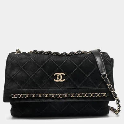 Pre-owned Chanel Black Diamond Stitched Suede Lovely Chains Flap Bag