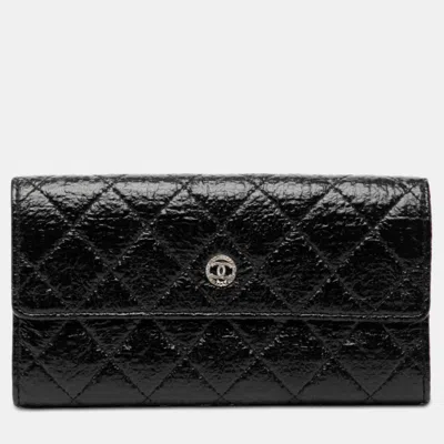 Pre-owned Chanel Black Distressed Quilted Patent Brilliant Flap Long Wallet