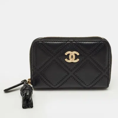 Pre-owned Chanel Black Double Stitched Quilted Leather Cc Coin Purse