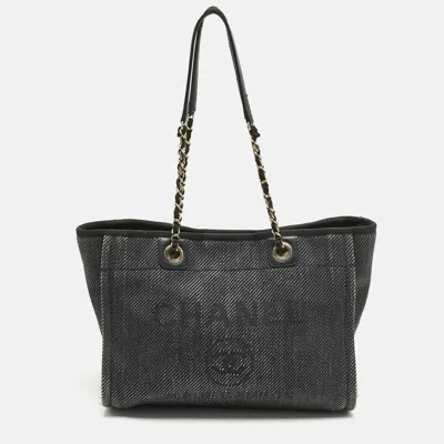 Pre-owned Chanel Black Fabric And Straw Medium Deauville Tote