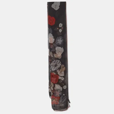 Pre-owned Chanel Black Floral Print Silk Scarf