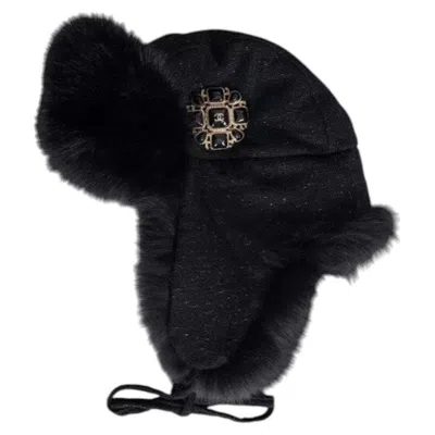 Pre-owned Chanel Black Fox Fur & Wool Hat Sz.57
