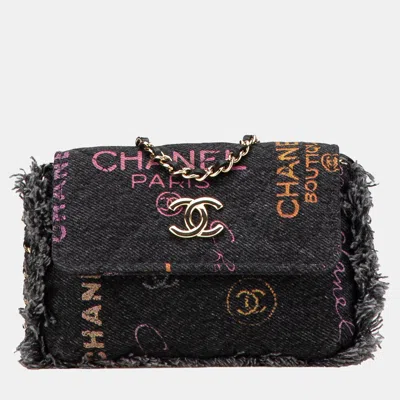 Pre-owned Chanel Black Fringe Denim Mood Clutch With Chain
