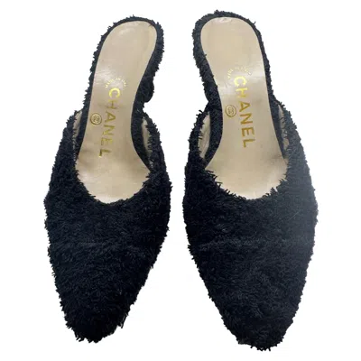 Pre-owned Chanel Black Fringed Tweed Kitten Heel Mules, Made In Italy