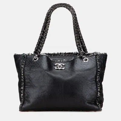 Pre-owned Chanel Black Glazed Calfskin Tweed Tweedy Shopping Tote