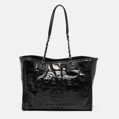 Pre-owned Chanel Black Glazed Leather Small Deauville Shopping Tote