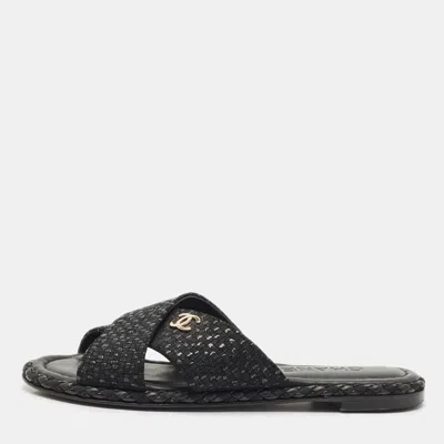 Pre-owned Chanel Black Glitter Fabric Crisscross Cc Flat Slide Flats Size 35