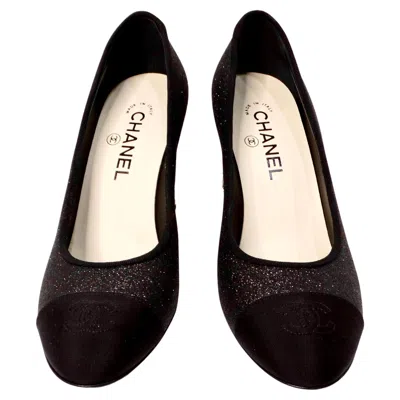Pre-owned Chanel Black Glitter Grosgrain Cap Toe Logo Pumps With Mirrored Heels