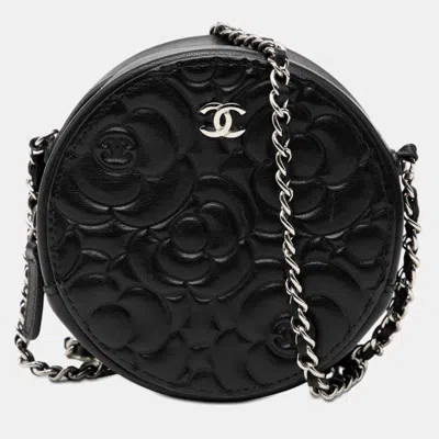 Pre-owned Chanel Black Goatskin Camellia Round Clutch With Chain