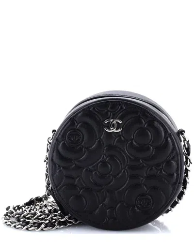 Pre-owned Chanel Black Goatskin Round Clutch With Chain Camellia Goatskin Mini  (authentic Pre-loved)
