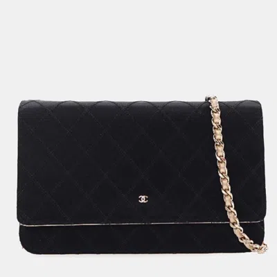 Pre-owned Chanel Black Gold Bicolor Satin Diamond Stitch Wallet On Chain