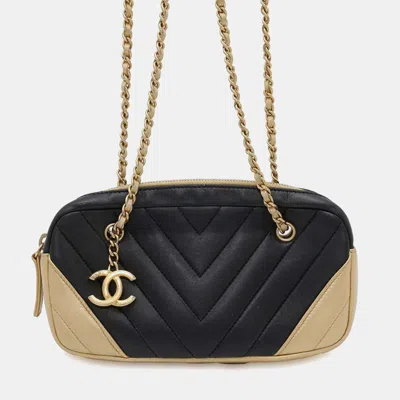 Pre-owned Chanel Black /gold Lambskin Chevron V Stitch Coco Mark Chain Shoulder Bag