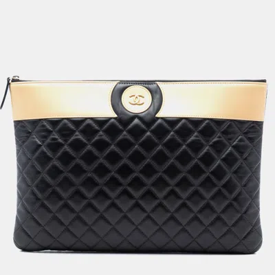 Pre-owned Chanel Black Gold Large Cc Bicolor Quilted Lambskin Clutch