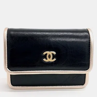 Pre-owned Chanel Black Gold Leather Chain Card Wallet