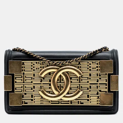 Pre-owned Chanel Black Gold Paris Seoul Lambskin And Metallic Plate Lego Boy Brick Flap