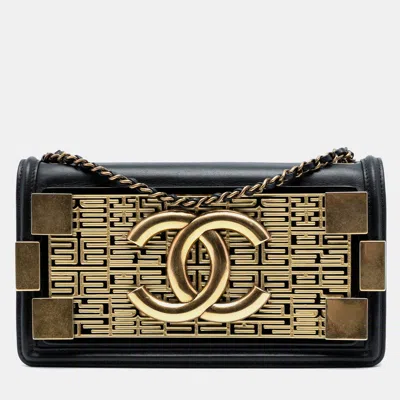 Pre-owned Chanel Black Gold Paris Seoul Lambskin And Metallic Plate Lego Boy Brick Flap