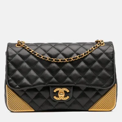 Pre-owned Chanel Black Gold Quilted Calfskin Rock The Corner Flap