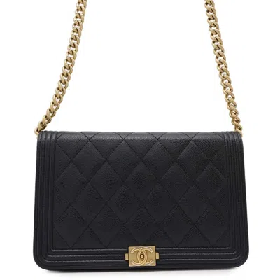 Pre-owned Chanel Black Grained Calfskin Chain/shoulder Wallet ()