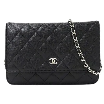 Pre-owned Chanel Black Grained Calfskin Chain/shoulder Wallet ()
