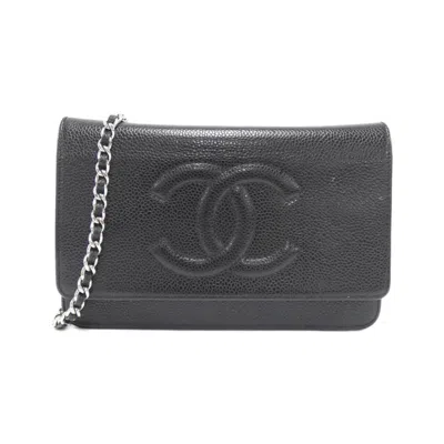 Pre-owned Chanel Black Grained Calfskin Chain/shoulder Wallet ()
