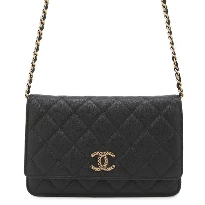 Pre-owned Chanel Black Grained Calfskin Chain/shoulder Wallet ()