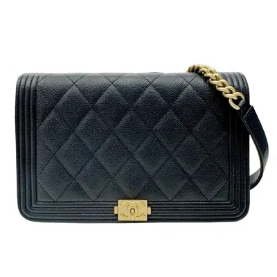 Pre-owned Chanel Black Grained Calfskin Chain/shoulder Wallet ()