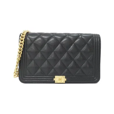 Pre-owned Chanel Black Grained Calfskin Chain/shoulder Wallet ()