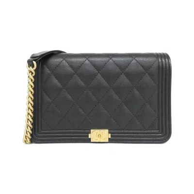 Pre-owned Chanel Black Grained Calfskin Chain/shoulder Wallet ()