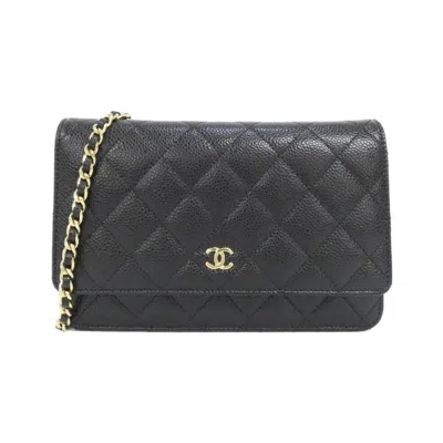 Pre-owned Chanel Black Grained Calfskin Chain/shoulder Wallet ()