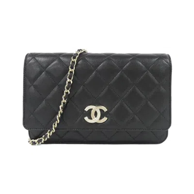 Pre-owned Chanel Black Grained Calfskin Chain/shoulder Wallet ()