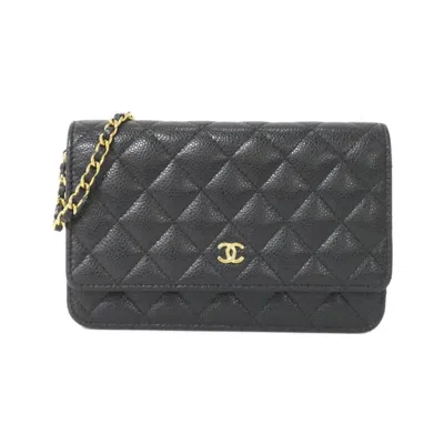Pre-owned Chanel Black Grained Calfskin Chain/shoulder Wallet ()