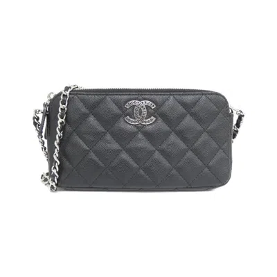Pre-owned Chanel Black Grained Calfskin Chain/shoulder Wallet ()