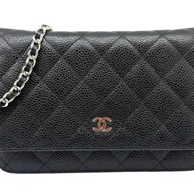 Pre-owned Chanel Black Grained Calfskin Chain/shoulder Wallet ()
