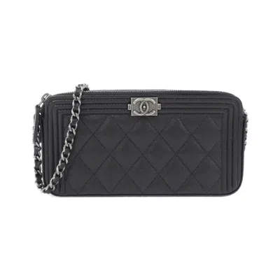 Pre-owned Chanel Black Grained Calfskin Chain/shoulder Wallet ()