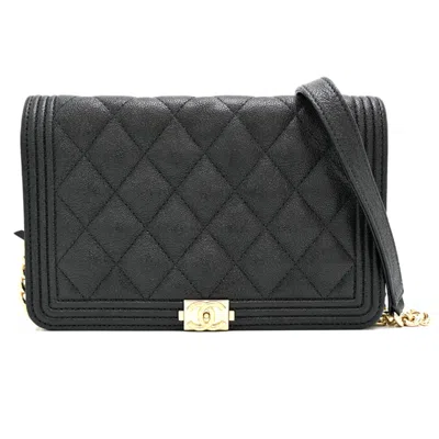 Pre-owned Chanel Black Grained Calfskin Chain/shoulder Wallet ()
