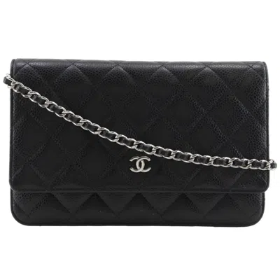 Pre-owned Chanel Black Grained Calfskin Chain/shoulder Wallet ()
