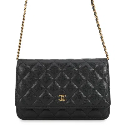 Pre-owned Chanel Black Grained Calfskin Chain/shoulder Wallet ()