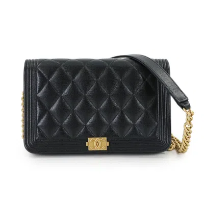 Pre-owned Chanel Black Grained Calfskin Chain/shoulder Wallet ()