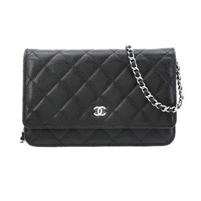 Pre-owned Chanel Black Grained Calfskin Chain/shoulder Wallet ()