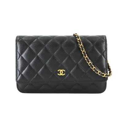 Pre-owned Chanel Black Grained Calfskin Chain/shoulder Wallet ()