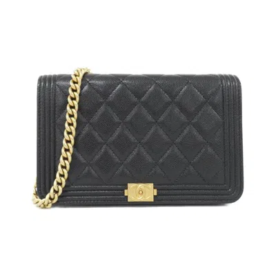 Pre-owned Chanel Black Grained Calfskin Chain/shoulder Wallet ()